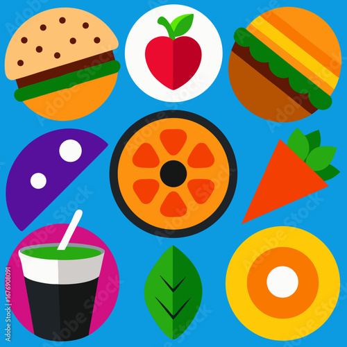 Colorful flat icons. Burger, pizza, sushi, coffee to go, cocktail, vegan icon (leaf), vegetarian icon, carrot, fish, bun (dessert). Bright appetizing colors.