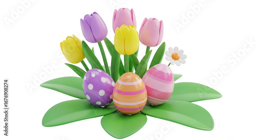 Festive Easter Tulips and Decorated Eggs Arrangement with Daisy flowers spring isolated on a transparent background