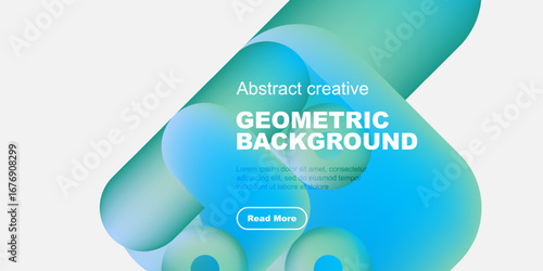 Abstract geometric background features vibrant blue, turquoise gradients. Text promotes content with read more button. Modern design.