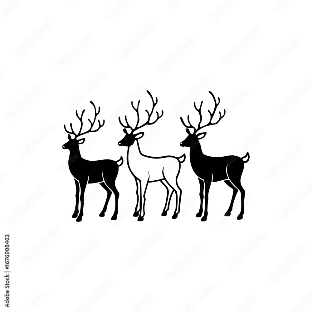 Naklejka premium Three elegant deer with antlers, two in black and one in white silhouette Vector 