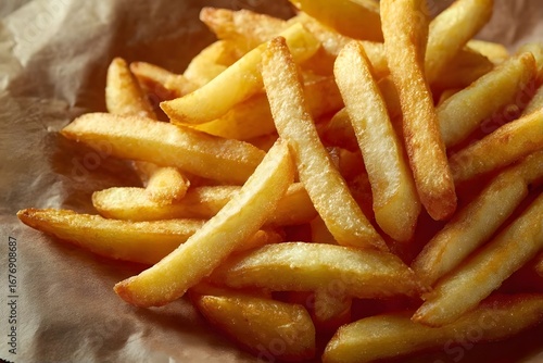 Golden, crispy fries on brown paper.