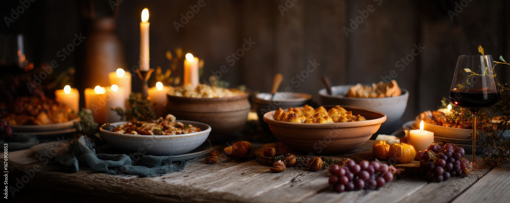Obraz premium Halloween dessert festival magic in a rustic setting with candles and bountiful dishes