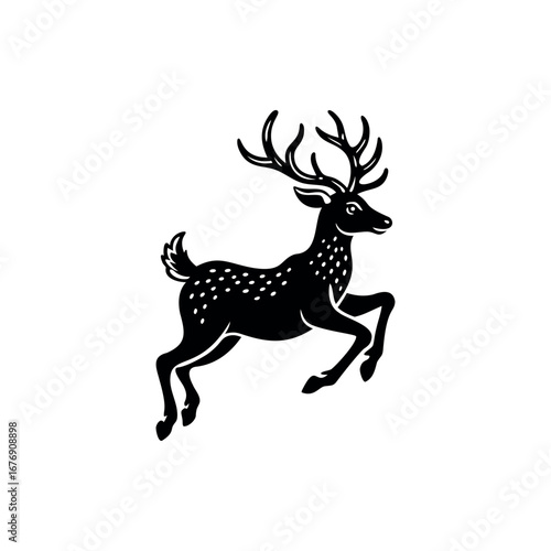 Elegant black and white stag with antlers leaping on a white background silhouette Vector 