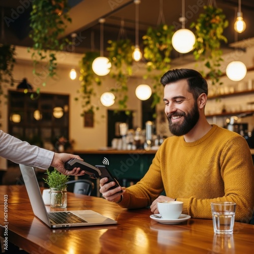 Modern contactless payment using smartphone technology in a cozy caf? setting