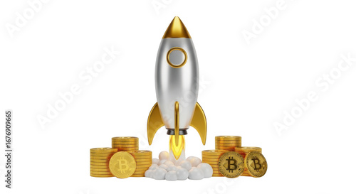 Silver and gold rocket ship with Bitcoin coins and exhaust flames spaceship launch isolated on a transparent background
