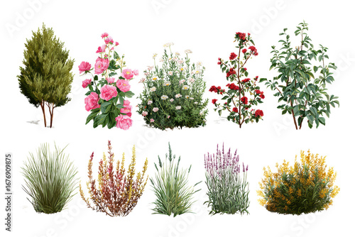 A collection of different types of plants, including trees and bushes, are shown in various sizes and colors. Concept of diversity and natural beauty