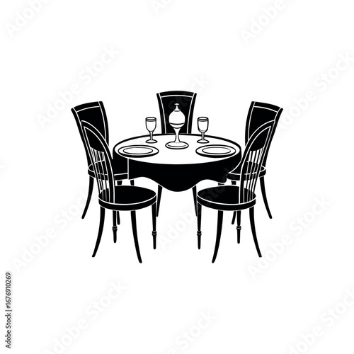 Elegant dining table setting with four chairs in black and white style silhouette Vector 