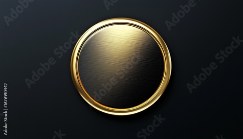 Rounded blank gold metal badge for board or frame, copy space black background