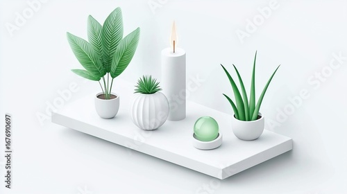 Serene Minimalist Still Life: Plants, Candle, and Glass Orb on White Shelf
