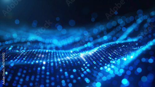 Futuristic technology creates a data network flowing like waves, with particles moving at high speed. The motion blur reflects the dynamic stream in this abstract world clearly.