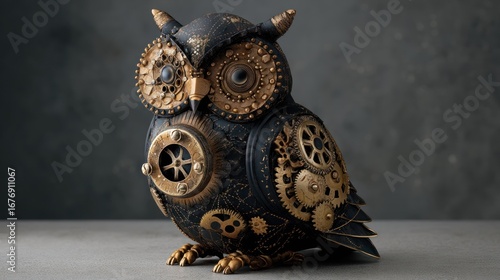 A stylized owl sculpture dominates the foreground, crafted with intricate steampunk details. The owl?s body is primarily black, accented with burnished gold gears, cogs,