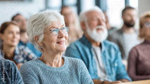 Focused Audience: A candid portrayal of an engaged, smiling audience, with a senior woman at the fore, embodying the focus and attentiveness within a gathering.