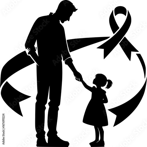 Support, Hope, and Unity: This evocative illustration features a silhouette of a parent holding hands with a child, symbolizing support and hope, all intertwined with a symbolic ribbon.