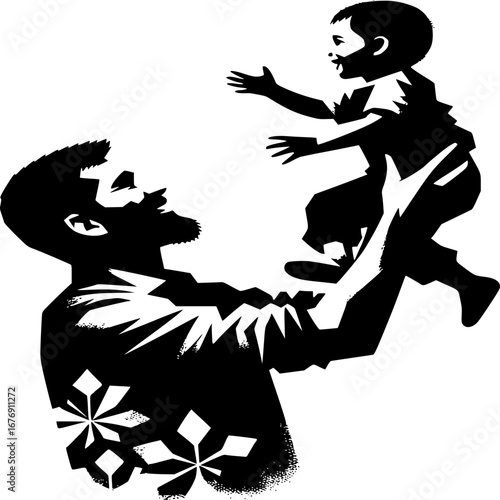 A Father-Son Moment: A silhouette illustration depicts a heartwarming scene of a father joyfully lifting his son into the air, symbolizing love, bond, and playfulness. The moment captures an innocent.