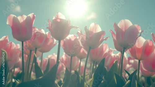 Pink Tulips Field with Sun