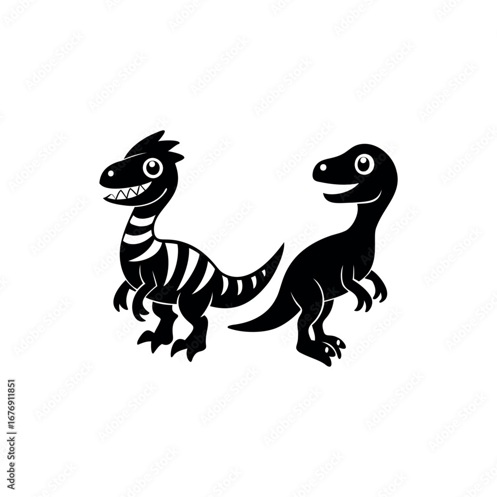 Obraz premium Two cute cartoon dinosaurs side by side in black and white outline silhouette Vector 
