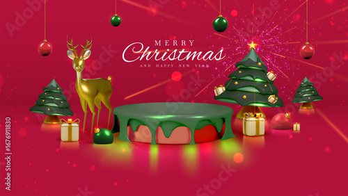 Christmas background with green podium and traditional elements, golden deer, gift boxes, Christmas tree, red balls and stars for luxury holiday design, New Year poster.