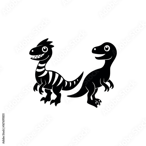 Two cute cartoon dinosaurs side by side in black and white outline silhouette Vector 