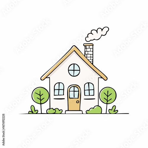 Charming little cottage with a garden and smoking chimney illustration