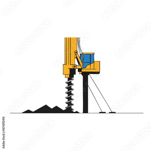 A powerful vector graphic illustrates a pile driver in action from a dramatic low angle, featuring a minimalist solid color palette and isolated against a bright white background.