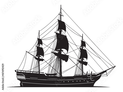Sailing ship frigate, black silhouette on transparent background vector illustration