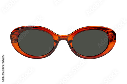 retro sunglasses featuring an orange brown frame and dark lenses with oval frame isolated on white background, front view. summer outings and fashion-forward looks, women's glasses