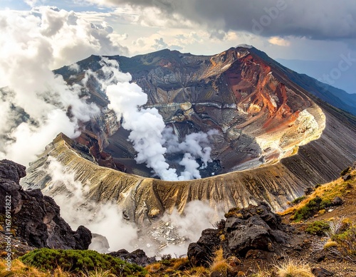 A dramatic view of Mount Aso's volcanic crater, with steam rising from within, set against a partly cloudy sky and rugged terrain.