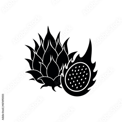Monochrome depiction of whole and halved dragon fruit with interesting textures silhouette Vector 