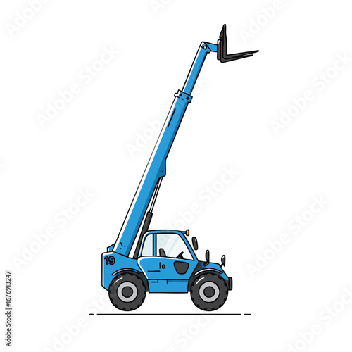 A minimalist 2D flat illustration depicts a modern telehandler reaching high with its boom, presented with clean lines and solid colors on a pristine white background.