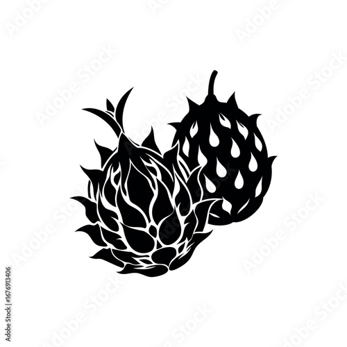 Silhouette of two soursop tropical fruits with prickly skin and stems vector illustration