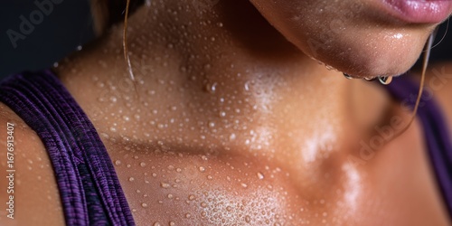 A close-up shot captures a woman's neck glistening with perspiration. Water droplets cling to her skin, reflecting light and creating a shimmering effect. She wears a dark purple tank top, 