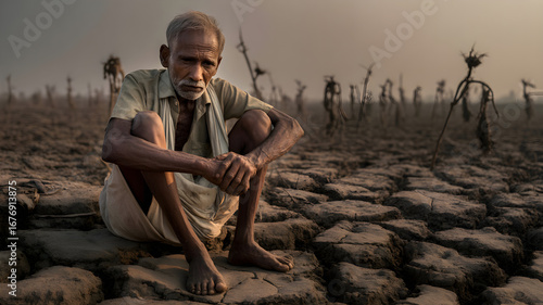 Indian farmer sitting on dry cracked land during drought