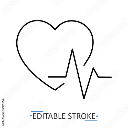 Heartbeat icon with editable stroke. Vector outline of heart with cardiogram line in minimalist style. Symbol of healthcare, cardiology, medical diagnostics, health monitoring, hospital, fitness.