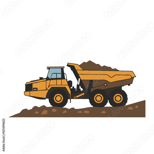 A minimalist vector graphic depicts an articulated dump truck navigating rugged terrain with a solid color scheme, cleanly isolated on a pure white canvas.