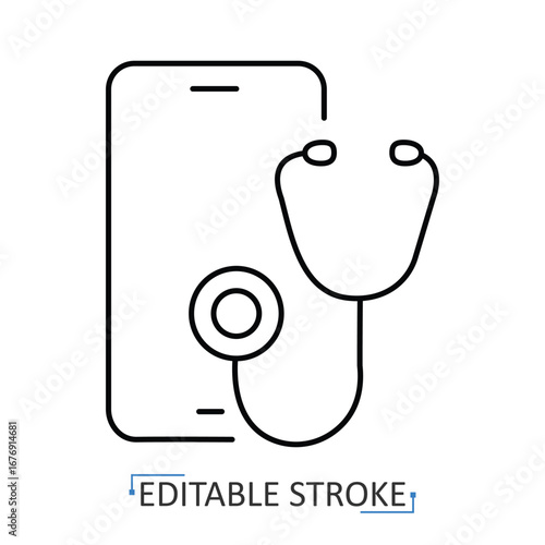 Telemedicine icon with editable stroke. Vector outline of smartphone and stethoscope. Minimalist illustration for online healthcare, digital medicine, remote consultation, doctor app