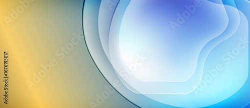 Abstract background features flowing shapes, gradient colors. Gold transitions to blue, creating soft visual effect. Smooth curves dominate composition.