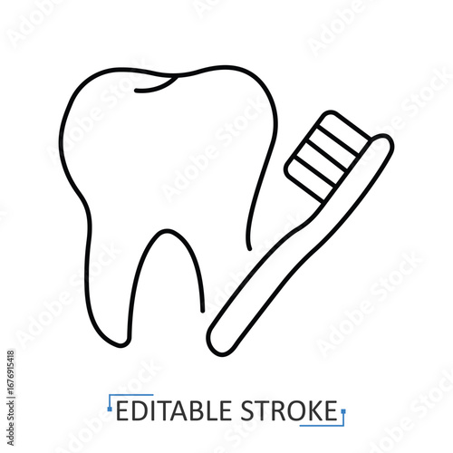 Dental care line icon with editable stroke. Vector outline of tooth and toothbrush symbolizing oral hygiene, dentistry, healthcare, prevention, dental clinic, orthodontics and medical services.