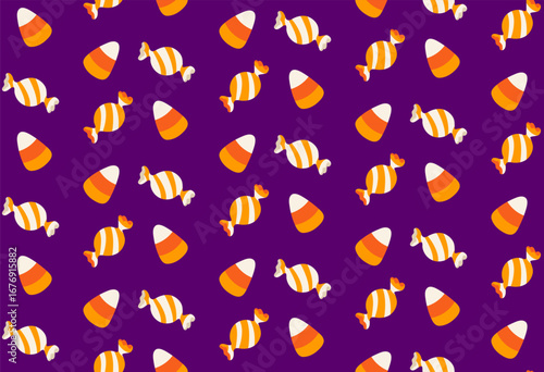 Halloween candy corns and candies pattern on violet background for Halloween day. Seamless pattern for wrapping paper, party, print, texture, textile, invitation, background. Flat vector illustration.