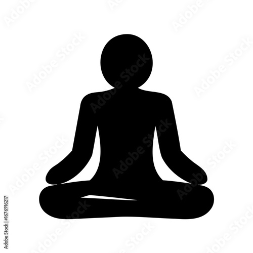 Black silhouette of a person meditating in the lotus position on white