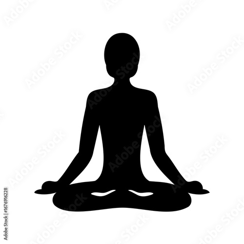Silhouette of a person in lotus position meditating in black on white