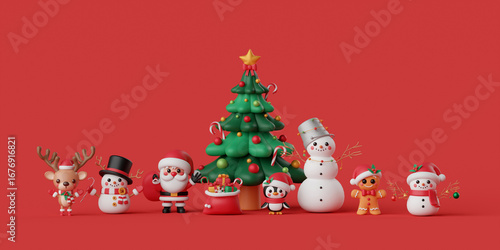 3d illustration banner Christmas theme with Christmas character, Santa Claus, Snowman, Reindeer, Penguin, Gingerbread man and Christmas tree