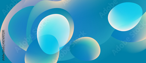 Abstract composition features overlapping circles. Colors shift from turquoise to pale blue, creating fluid visual effect. Smooth gradients dominate design.