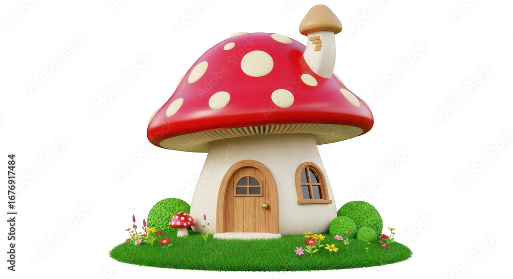 Fototapeta premium Whimsical 3D Mushroom House with Garden fairy house fantasy isolated on a transparent background