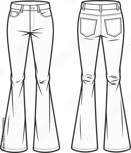 Flared jeans CAD drawing, flat vector fashion template, women's denim pants technical sketch, front and back garment illustration, editable outline