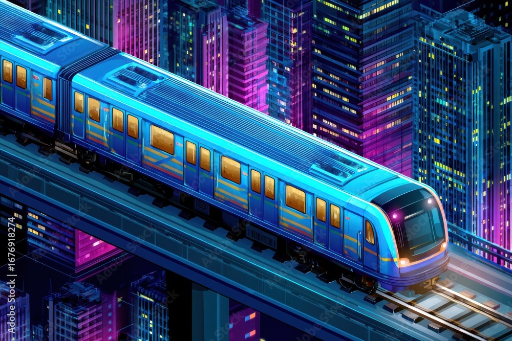 Fototapeta premium A futuristic train isometric illustration traveling through a city at night, showcasing a modern urban transport system.