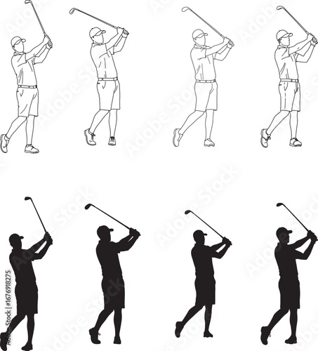 Golf Swing Sequence Silhouette and Outline Vector Illustration Set