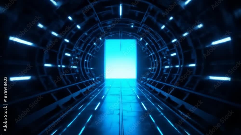A futuristic digital tunnel with glowing blue light dots creates a technological corridor and virtual depth, leading to a bright exit in a technological environment. 4k video