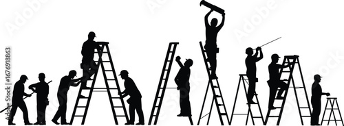 Group of workers using ladders, climbing, repairing, construction, teamwork, safety helmets, tools, maintenance, silhouette, industrial labor, building, cooperation, manual work