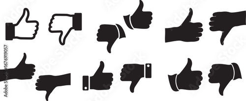 Thumbs up and thumbs down hand gesture vector illustration set, approval and disapproval icons, social media like dislike feedback symbol design