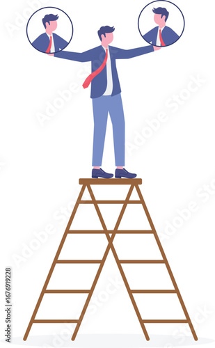 Recruiter climbing ladder reaching candidate profiles ascending to best hire progressive recruitment step-by-step hiring
